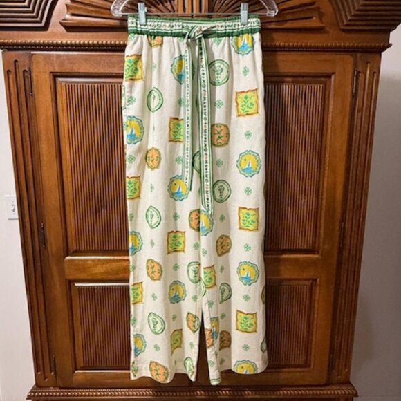 Maison d'Amelie Paris Linen Blend Pants Sailboats Floral Birds Wide Leg XS NWT - Picture 1 of 5